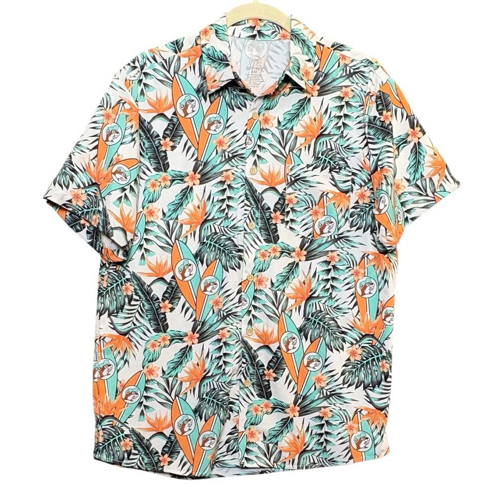 Buc-ee's Hawaiian Shirt Mens SM Beaver Logo All Over Print Palm Tree Surf Board